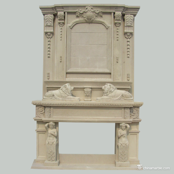 Beige stone fireplace