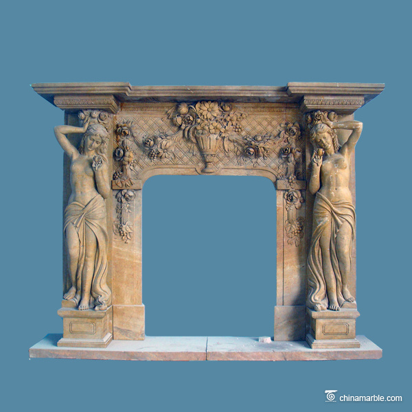 Free Standing Brown Marble Carved Figures Fireplace